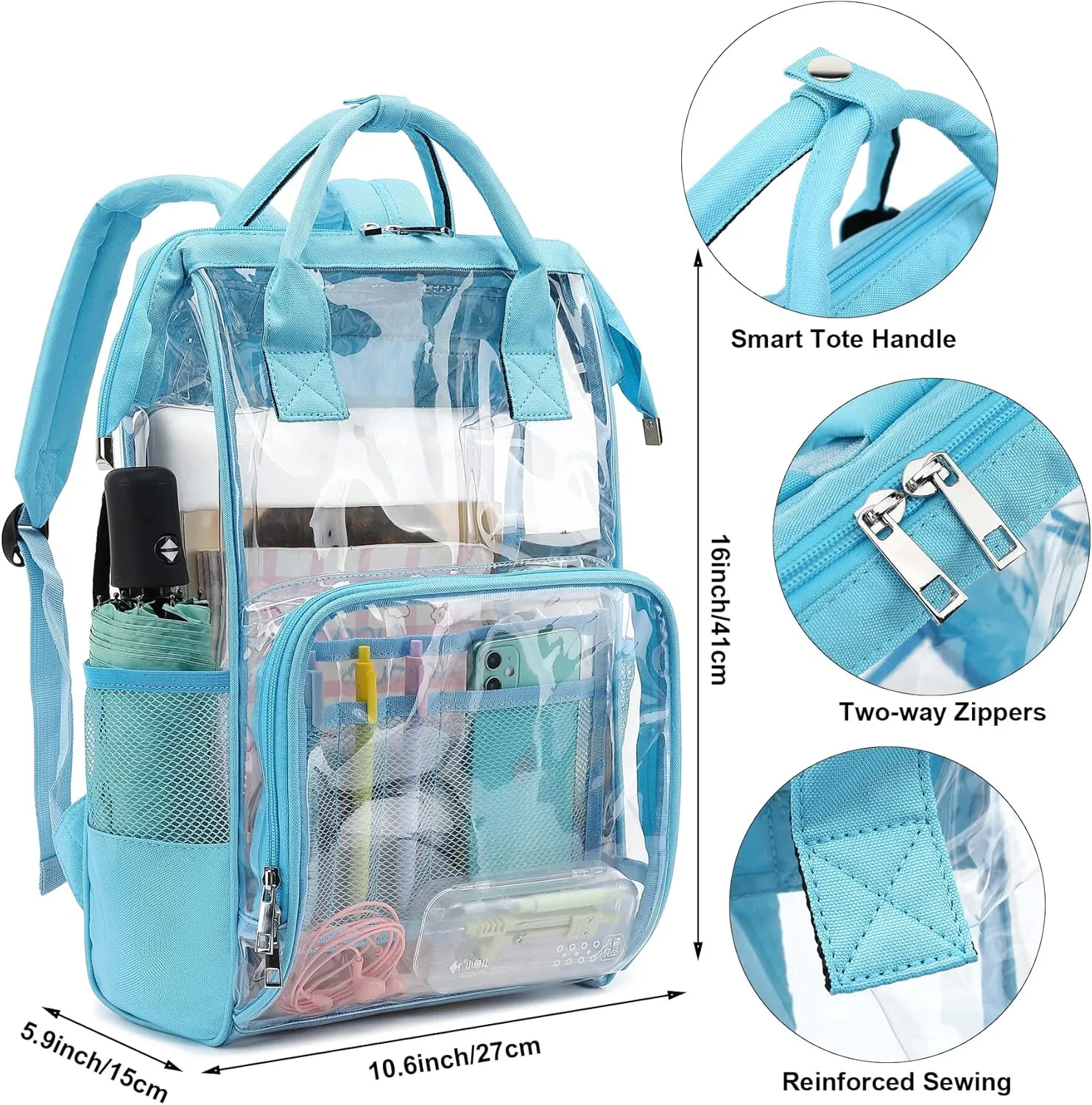 Heavy Duty Clear Backpack for Men Women, School Bag Bookbag PVC Plastic Transparent Backpacks for Boys Girls (Light Blue)