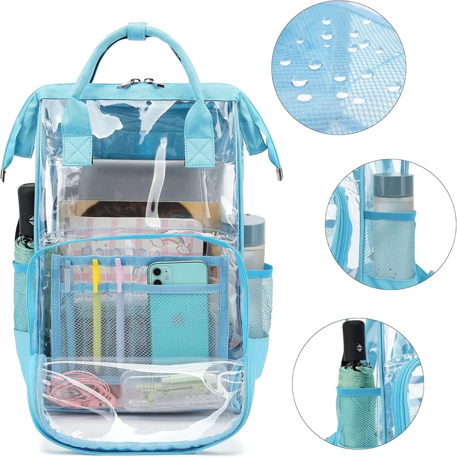 Heavy Duty Clear Backpack for Men Women, School Bag Bookbag PVC Plastic Transparent Backpacks for Boys Girls (Light Blue)