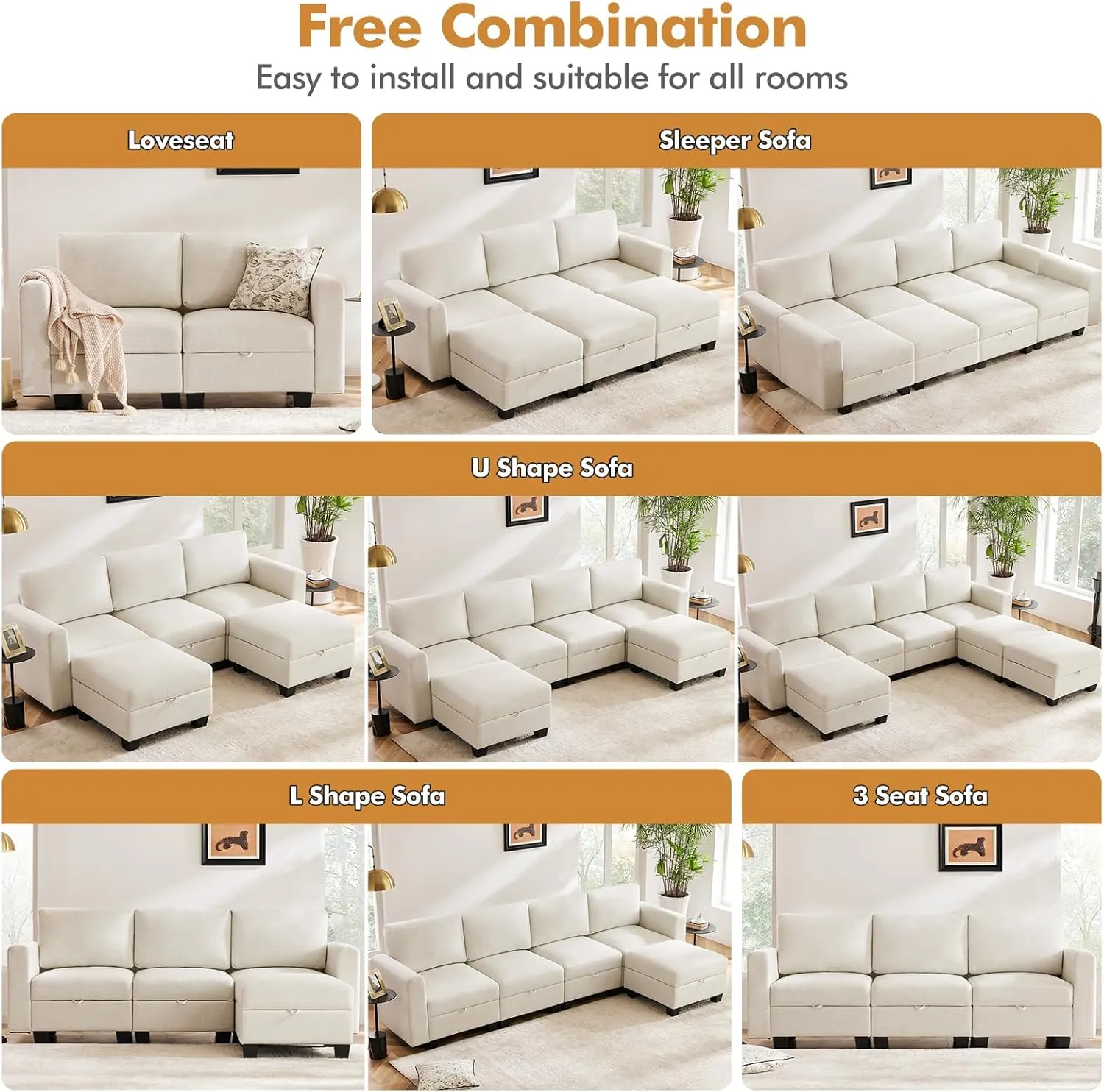 Heavy Duty Modular Sectional Sofa with Storage, 118"" U Shaped Sectional Couches for Living Room, Comfy Convertible Sectional Sofa with Chaise - Beige, Beige(imitation Linen)