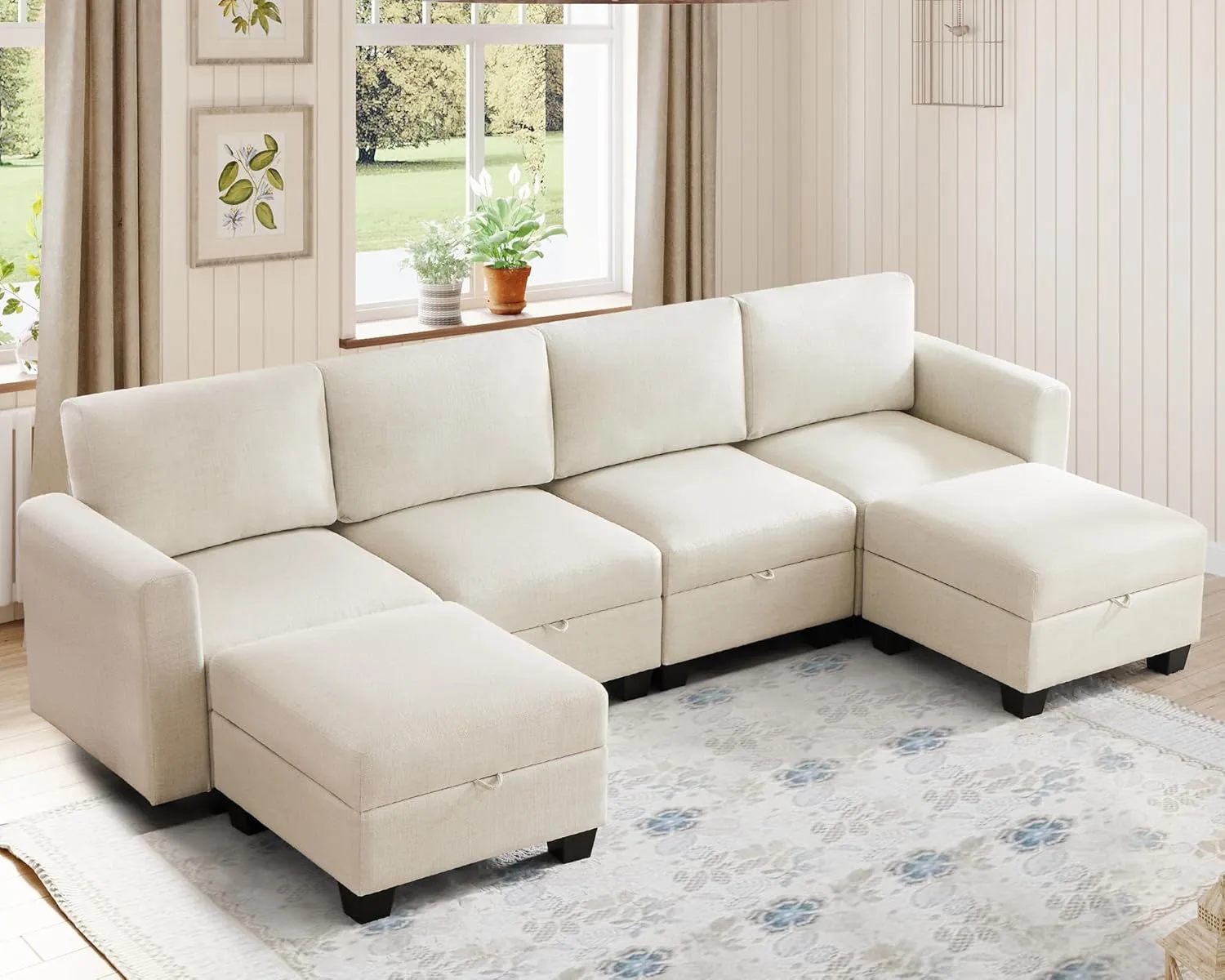 Heavy Duty Modular Sectional Sofa with Storage, 118"" U Shaped Sectional Couches for Living Room, Comfy Convertible Sectional Sofa with Chaise - Beige, Beige(imitation Linen)