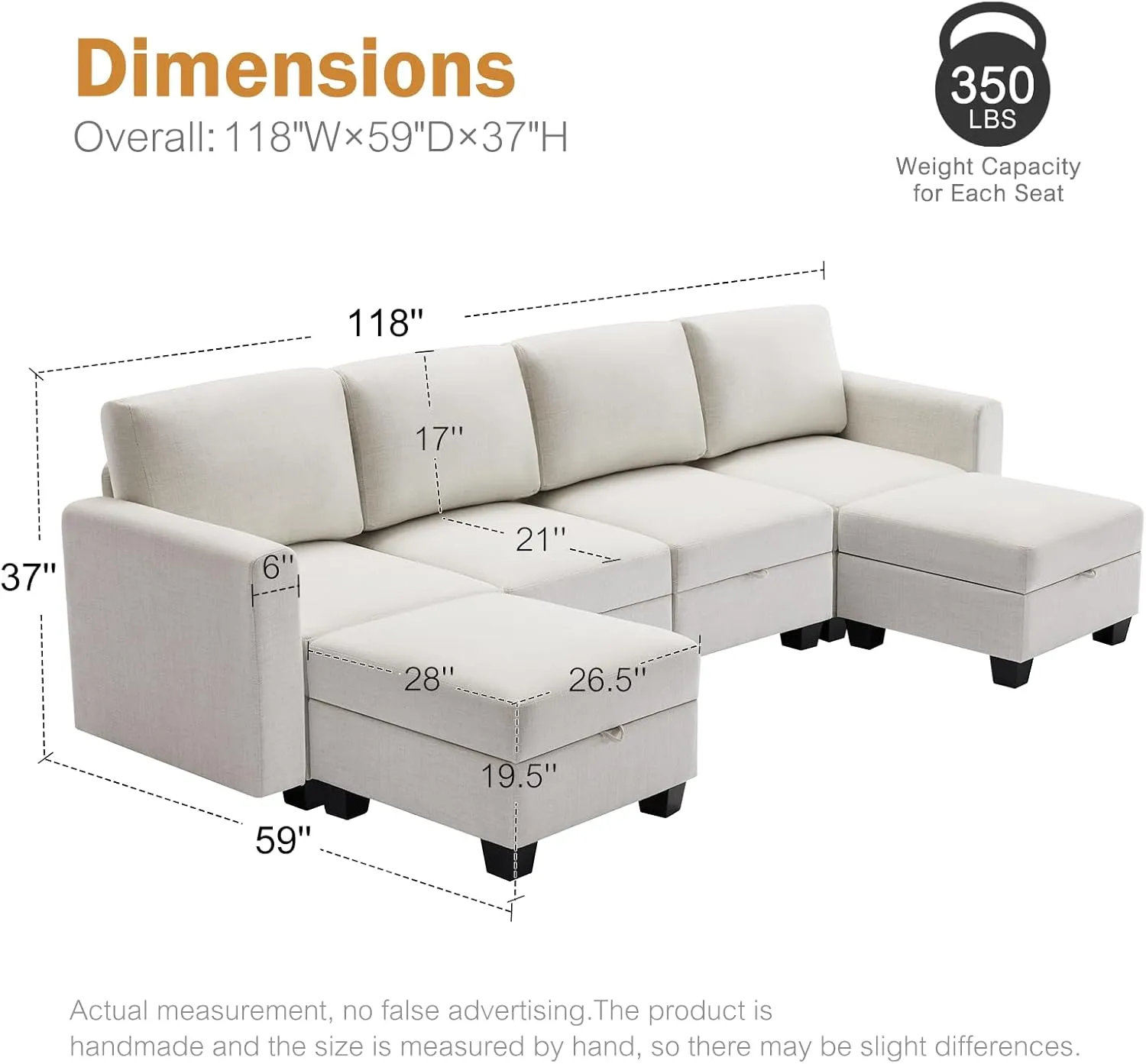 Heavy Duty Modular Sectional Sofa with Storage, 118"" U Shaped Sectional Couches for Living Room, Comfy Convertible Sectional Sofa with Chaise - Beige, Beige(imitation Linen)