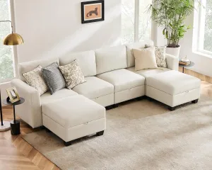 Heavy Duty Modular Sectional Sofa with Storage, 118"" U Shaped Sectional Couches for Living Room, Comfy Convertible Sectional Sofa with Chaise - Beige, Beige(imitation Linen)
