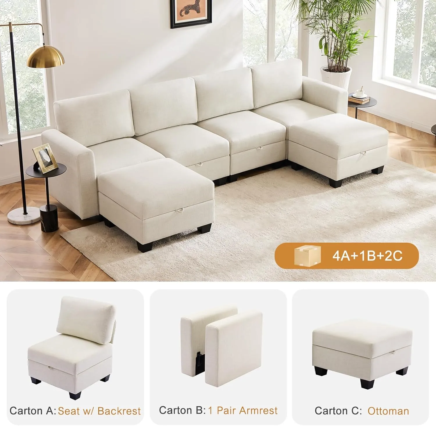 Heavy Duty Modular Sectional Sofa with Storage, 118"" U Shaped Sectional Couches for Living Room, Comfy Convertible Sectional Sofa with Chaise - Beige, Beige(imitation Linen)