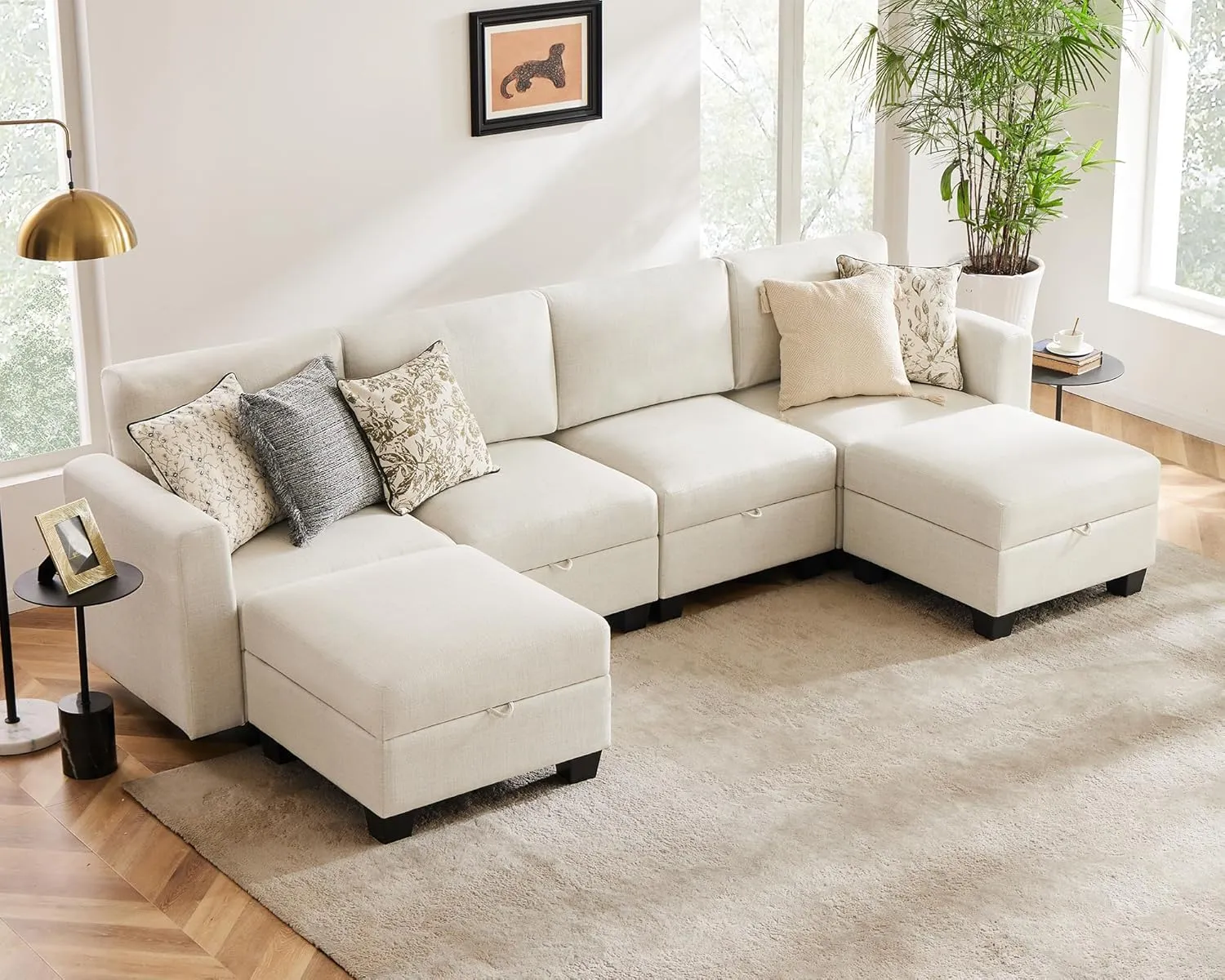 Heavy Duty Modular Sectional Sofa with Storage, 118"" U Shaped Sectional Couches for Living Room, Comfy Convertible Sectional Sofa with Chaise - Beige, Beige(imitation Linen)
