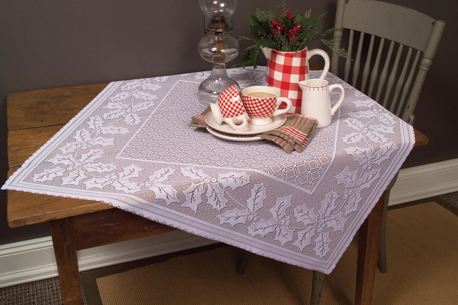 Heritage Lace Holly Vine Table Topper, 36" by 36", White