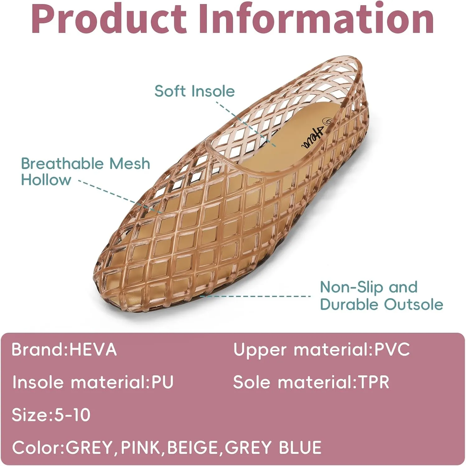 HEVA Women's Jelly Mesh Flats Breathable Clear Hollow Shoes Summer Beach Jellies Ballet Sandals