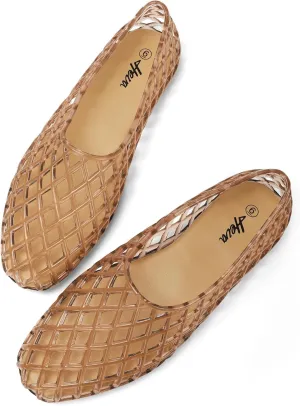 HEVA Women's Jelly Mesh Flats Breathable Clear Hollow Shoes Summer Beach Jellies Ballet Sandals