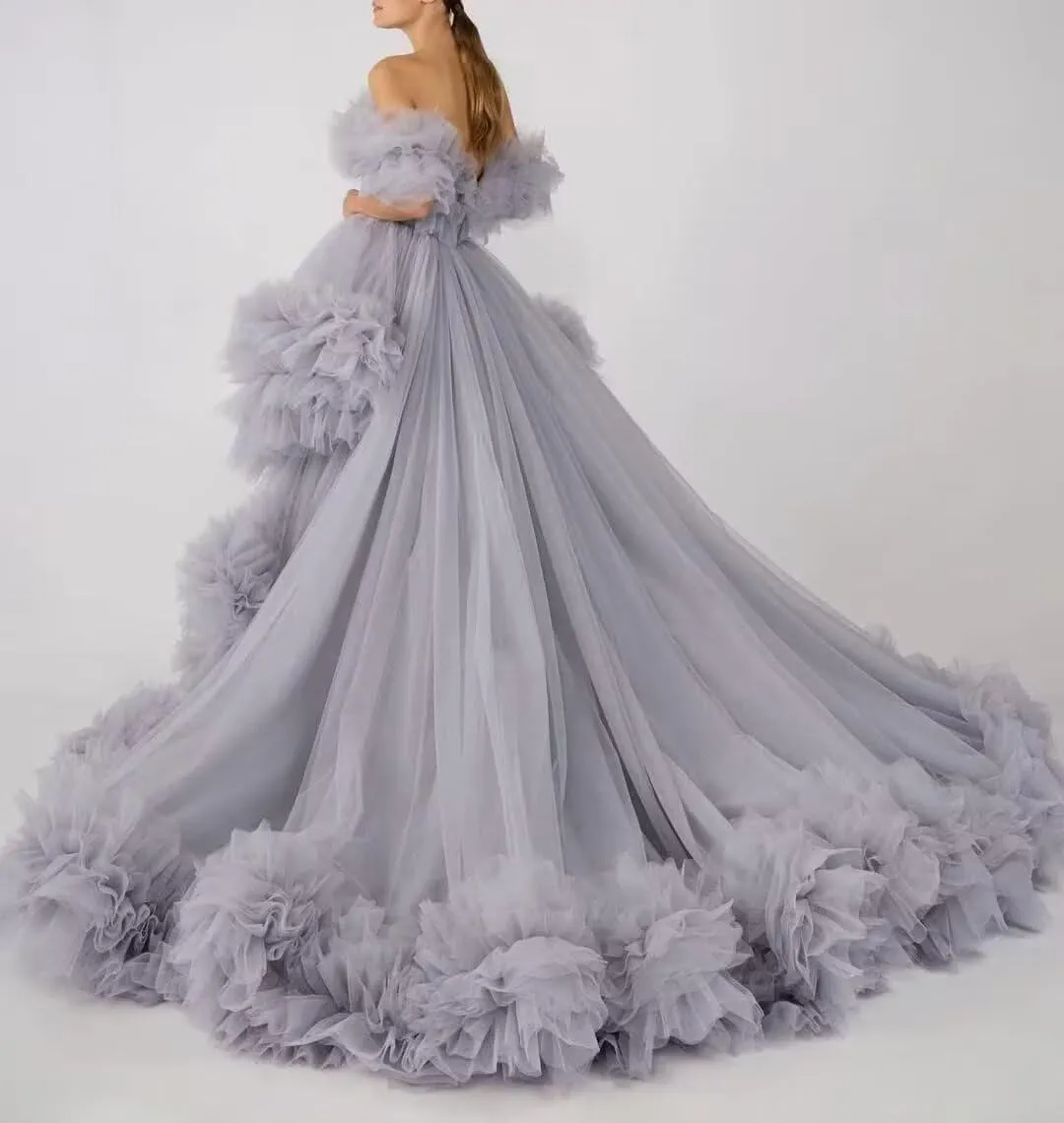 High Low Puffy Tulle Prom Dresses Long for Women Ball Gown 2025 Tiered Ruffles Evening Party Dress