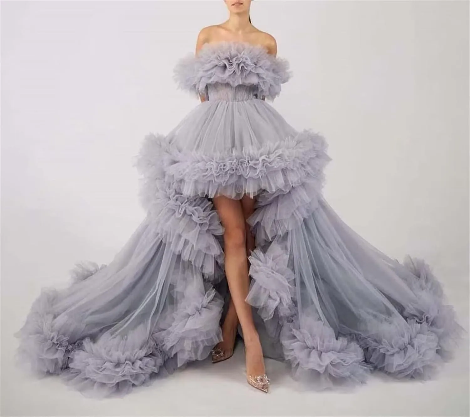 High Low Puffy Tulle Prom Dresses Long for Women Ball Gown 2025 Tiered Ruffles Evening Party Dress