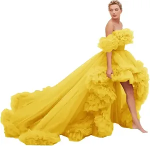 High Low Puffy Tulle Prom Dresses Long for Women Ball Gown 2025 Tiered Ruffles Evening Party Dress