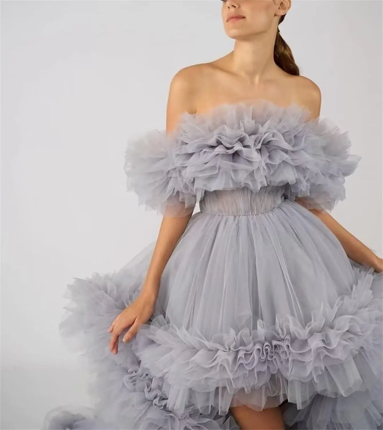 High Low Puffy Tulle Prom Dresses Long for Women Ball Gown 2025 Tiered Ruffles Evening Party Dress