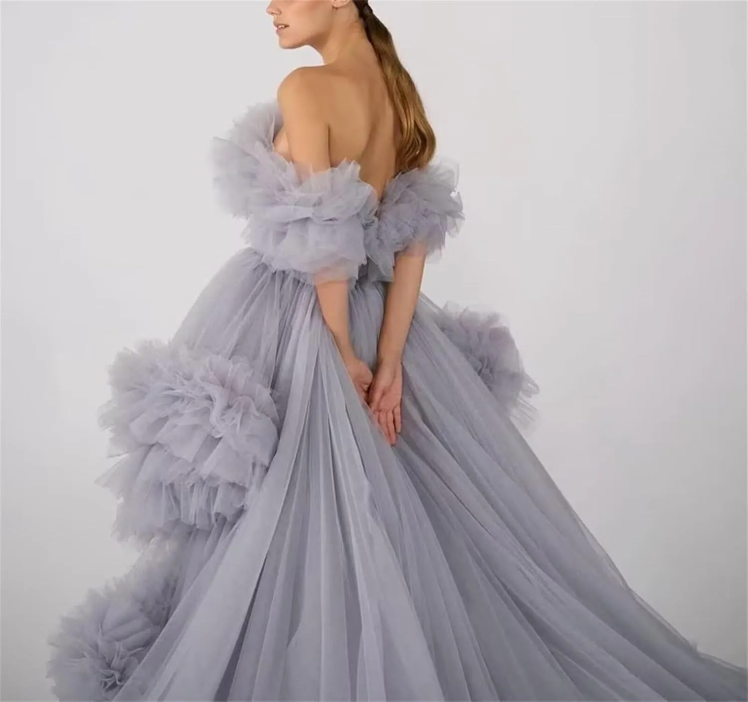High Low Puffy Tulle Prom Dresses Long for Women Ball Gown 2025 Tiered Ruffles Evening Party Dress