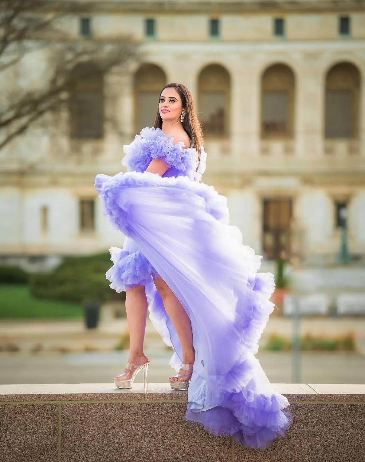 High Low Tulle Prom Dress Off Shoulder Ruffles Ball Gown Long Puffy Formal Dress for Photoshoot CA72
