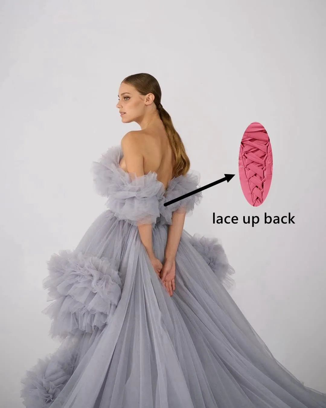 High Low Tulle Prom Dress Off Shoulder Ruffles Ball Gown Long Puffy Formal Dress for Photoshoot CA72