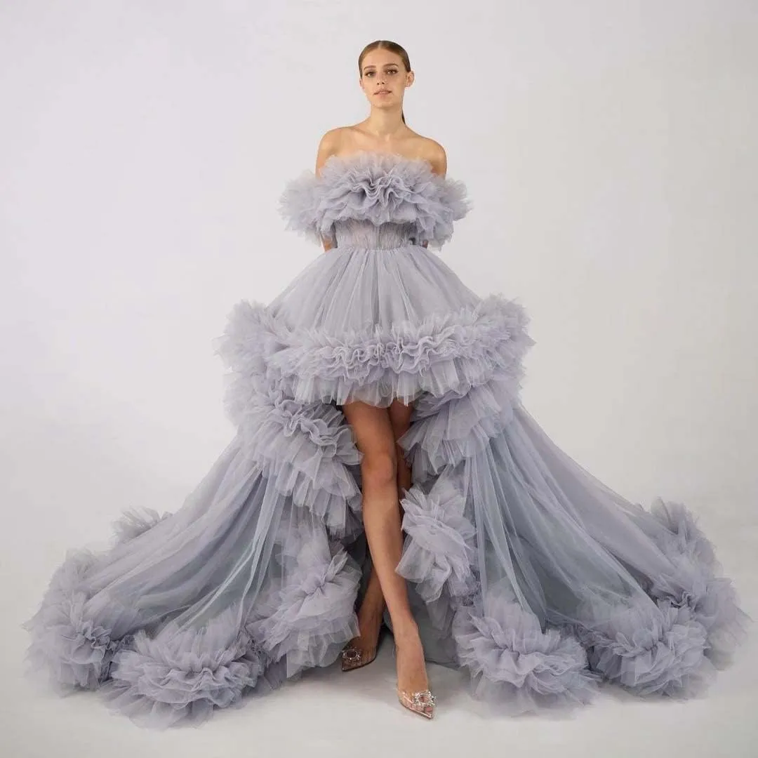 High Low Tulle Prom Dress Off Shoulder Ruffles Ball Gown Long Puffy Formal Dress for Photoshoot CA72
