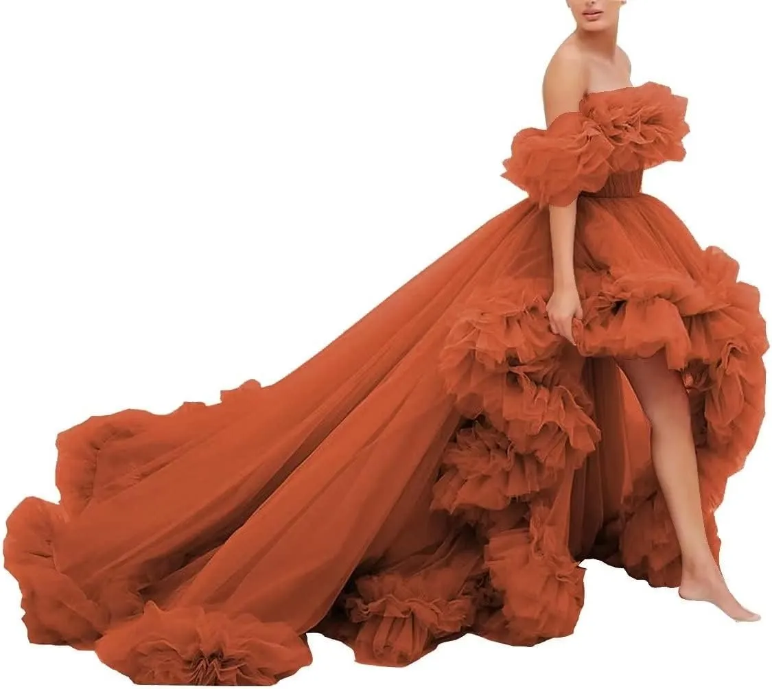 High Low Tulle Prom Dress Off Shoulder Ruffles Ball Gown Long Puffy Formal Dress for Photoshoot CA72