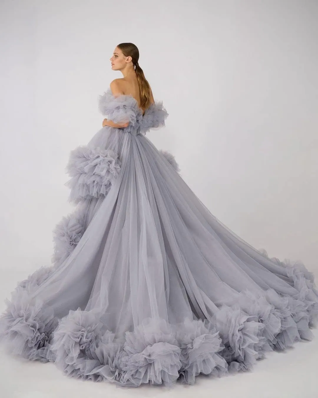 High Low Tulle Prom Dress Off Shoulder Ruffles Ball Gown Long Puffy Formal Dress for Photoshoot CA72