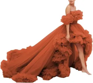 High Low Tulle Prom Dress Off Shoulder Ruffles Ball Gown Long Puffy Formal Dress for Photoshoot CA72