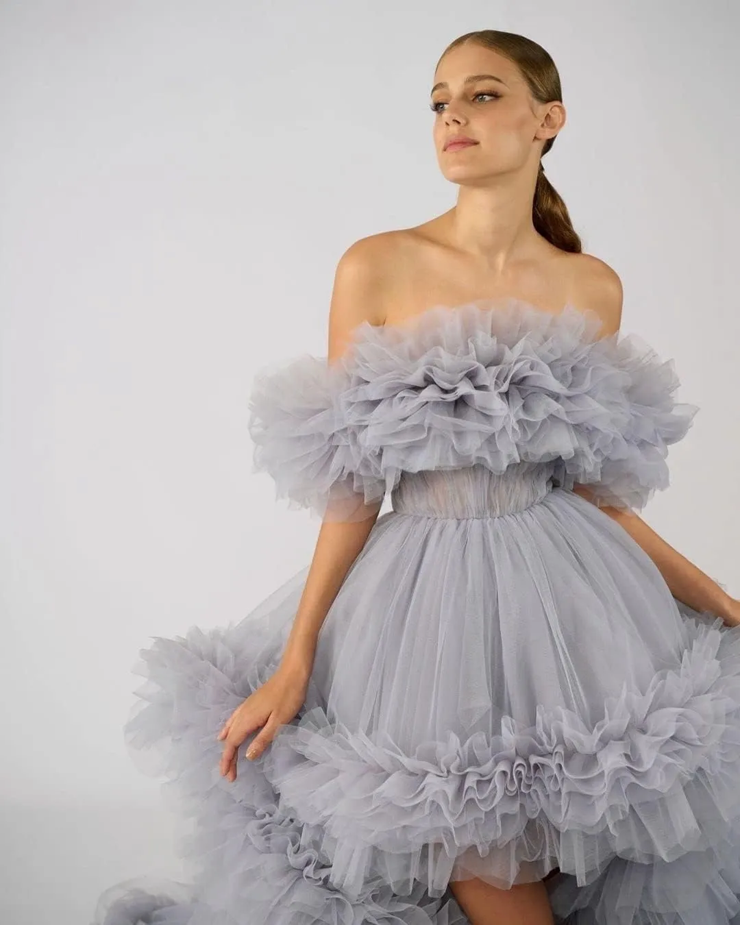 High Low Tulle Prom Dress Off Shoulder Ruffles Ball Gown Long Puffy Formal Dress for Photoshoot CA72