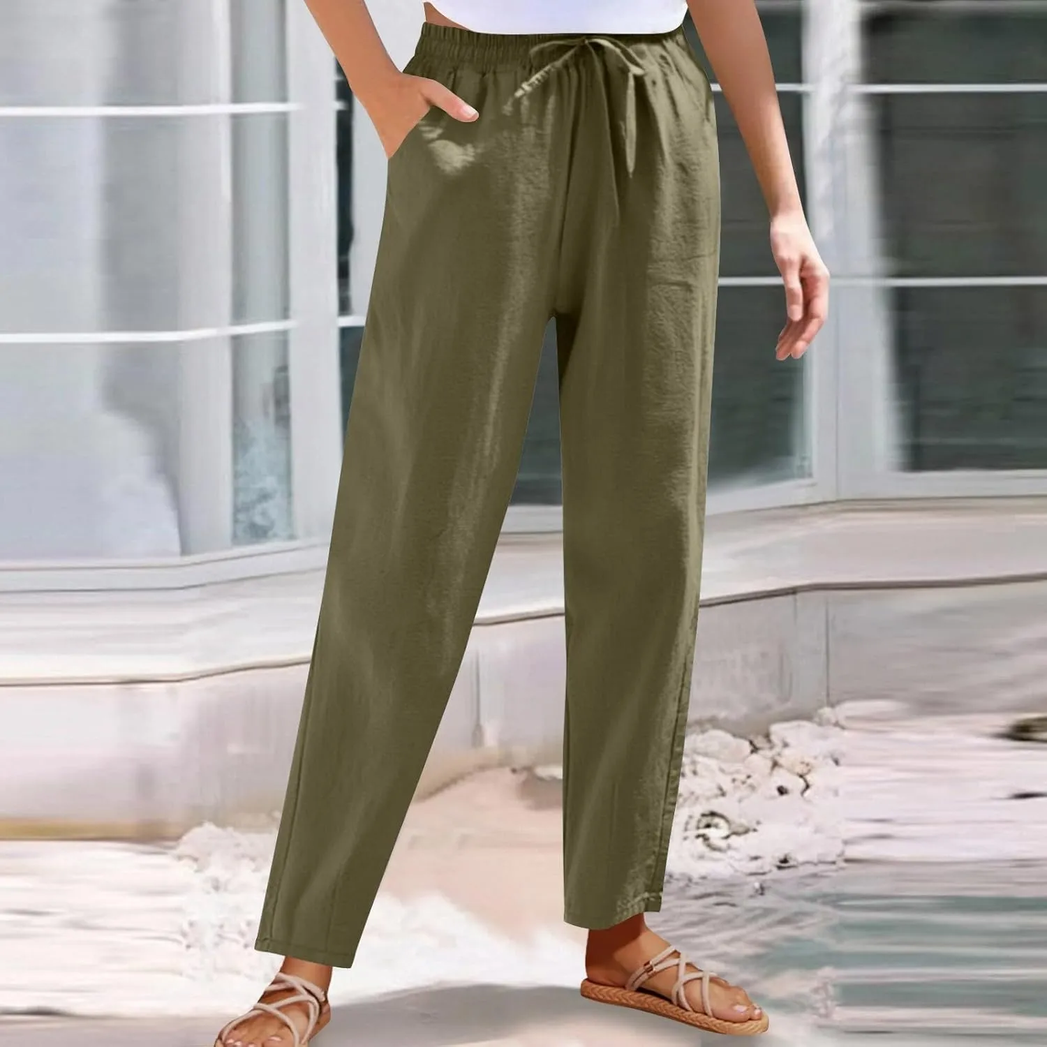High Waisted Pants for Women Casual Comfy Wide Leg Stretchy Pant Solid Color Cotton Linen Pocketed Bootcut Trousers