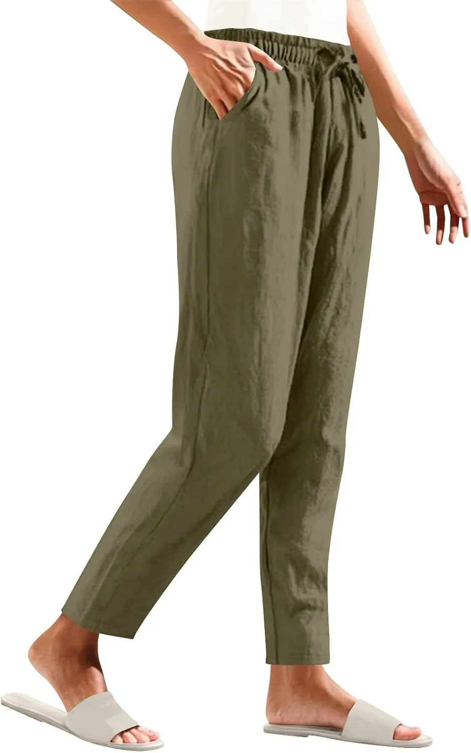 High Waisted Pants for Women Casual Comfy Wide Leg Stretchy Pant Solid Color Cotton Linen Pocketed Bootcut Trousers