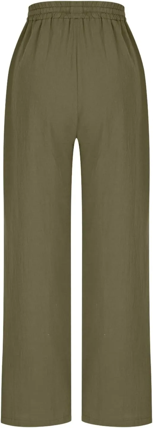 High Waisted Pants for Women Casual Comfy Wide Leg Stretchy Pant Solid Color Cotton Linen Pocketed Bootcut Trousers
