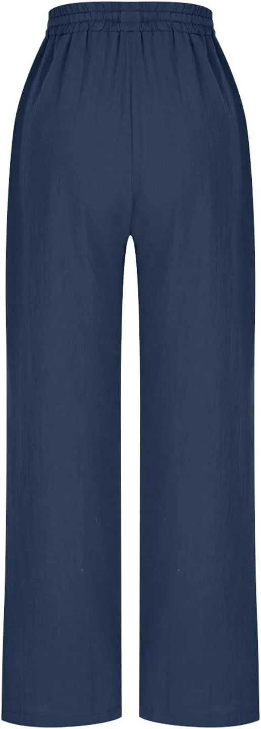 High Waisted Pants for Women Casual Comfy Wide Leg Stretchy Pant Solid Color Cotton Linen Pocketed Bootcut Trousers