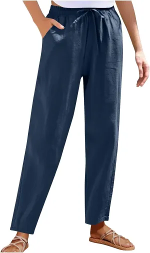 High Waisted Pants for Women Casual Comfy Wide Leg Stretchy Pant Solid Color Cotton Linen Pocketed Bootcut Trousers
