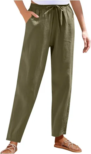 High Waisted Pants for Women Casual Comfy Wide Leg Stretchy Pant Solid Color Cotton Linen Pocketed Bootcut Trousers