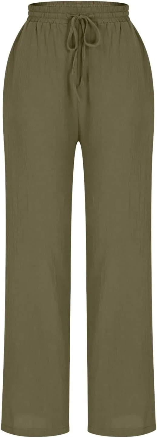 High Waisted Pants for Women Casual Comfy Wide Leg Stretchy Pant Solid Color Cotton Linen Pocketed Bootcut Trousers