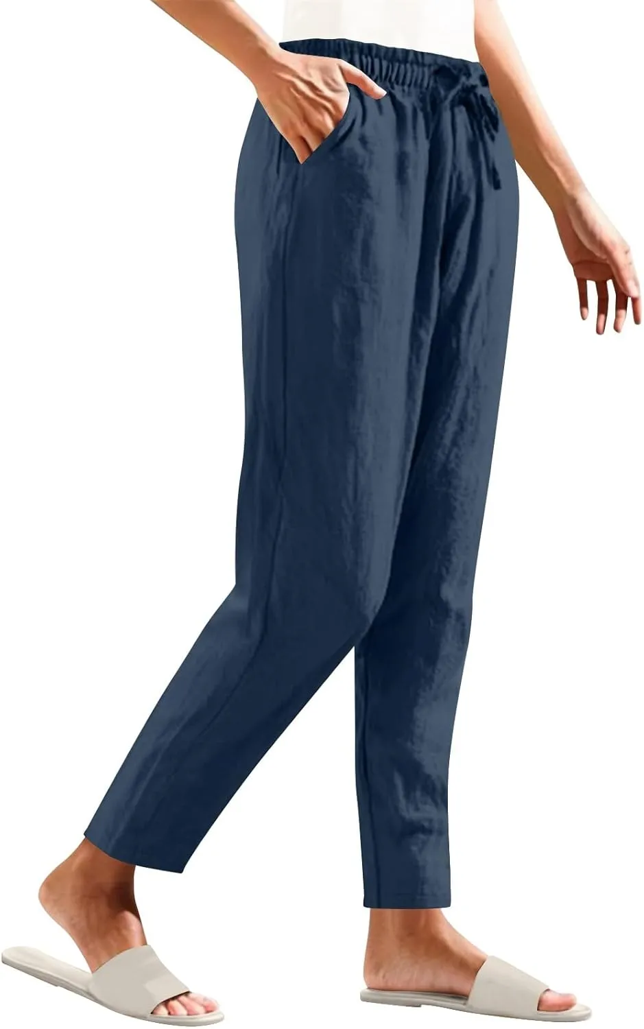 High Waisted Pants for Women Casual Comfy Wide Leg Stretchy Pant Solid Color Cotton Linen Pocketed Bootcut Trousers