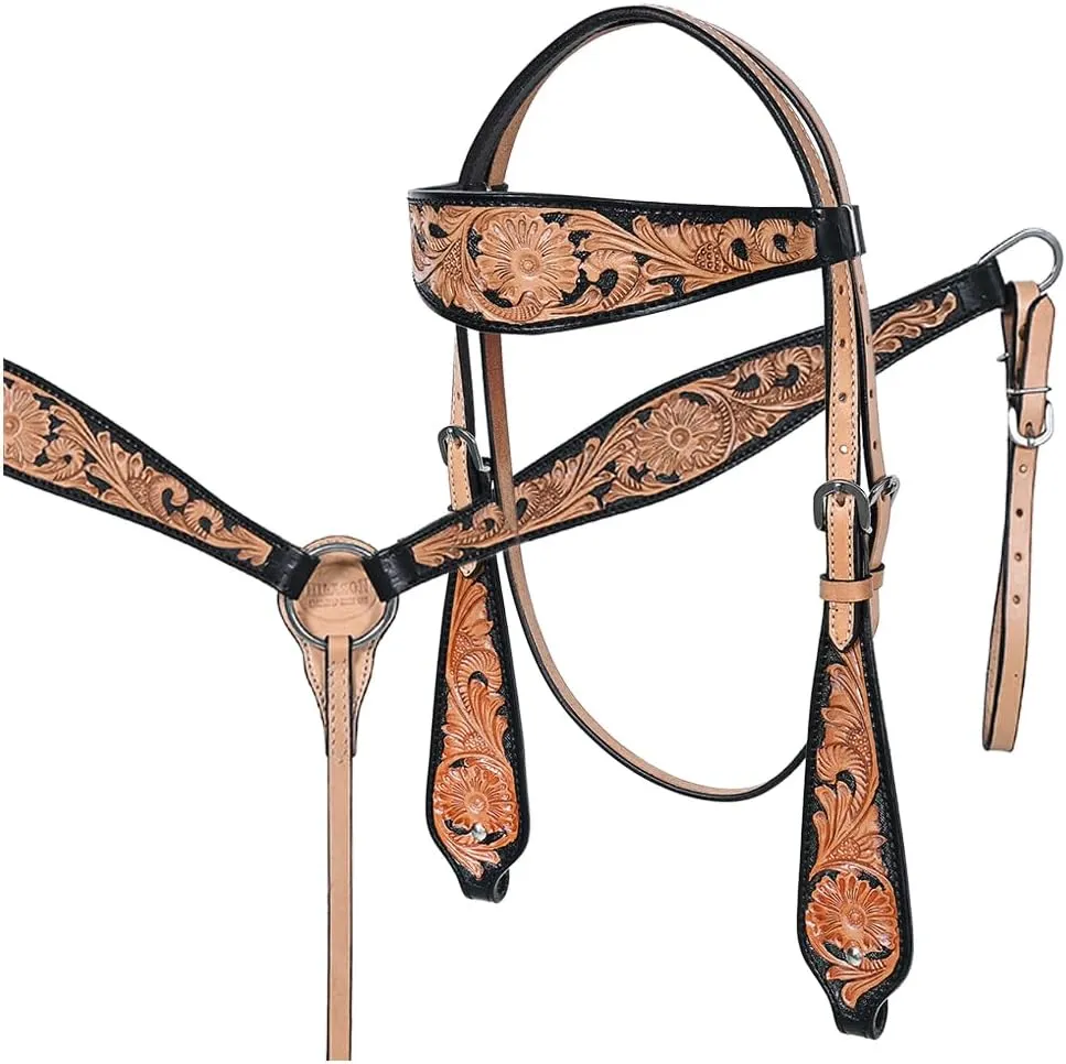 HILASON Tan Western American Leather Horse Tack Set Tan | Horse Tack Sets Western | Leather Horse Tack | Horse Tack Breast Collar | Leather Horse Headstall