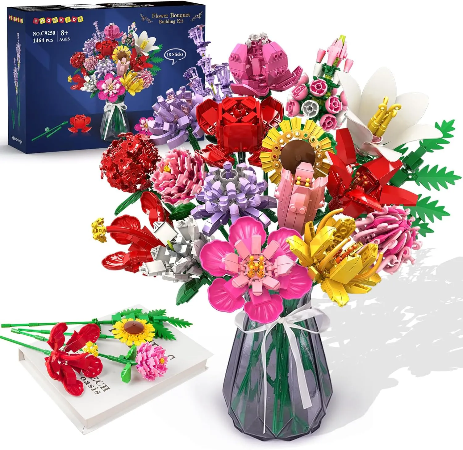 HOGOKIDS Flower Bouquet Set for Adults - 1461PCS Artificial Flowers Botanical Collection | 18 Sticks Ideas Decorative Home Plant Bouquet | Creative DIY Building Block Gift for Teens Girls Ages 8 