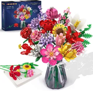 HOGOKIDS Flower Bouquet Set for Adults - 1461PCS Artificial Flowers Botanical Collection | 18 Sticks Ideas Decorative Home Plant Bouquet | Creative DIY Building Block Gift for Teens Girls Ages 8 
