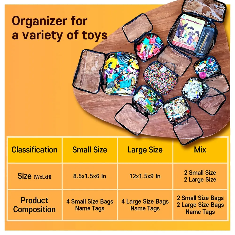 holay 4 Packs PVC Zippered Blocks Set, Toy, Clay, Board game Storage Organizer Case (Name Tag, Manual Pocket) (Black, Large)