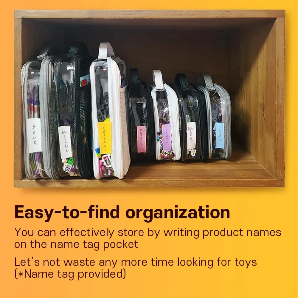 holay 4 Packs PVC Zippered Blocks Set, Toy, Clay, Board game Storage Organizer Case (Name Tag, Manual Pocket) (White, Small, Large)