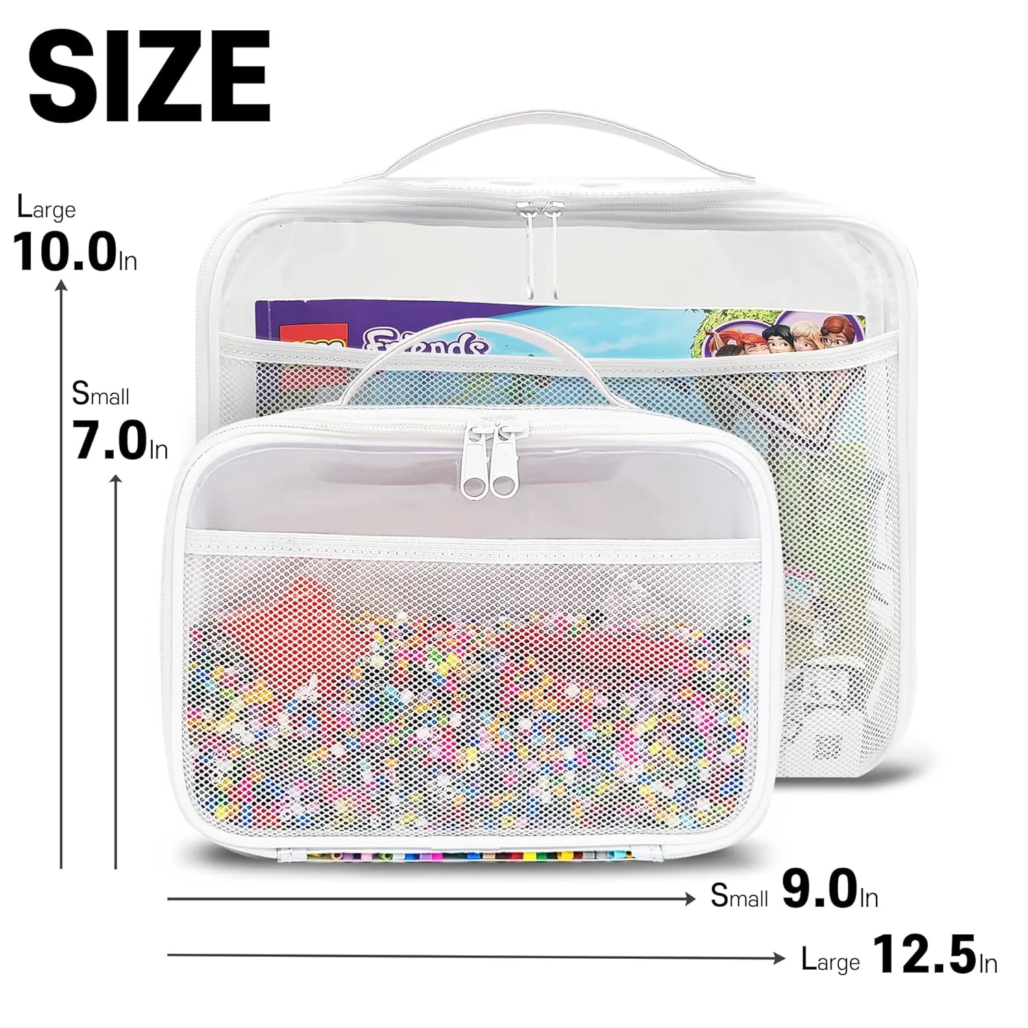 holay 4 Packs PVC Zippered Blocks Set, Toy, Clay, Board game Storage Organizer Case (Name Tag, Manual Pocket) (White, Small, Large)