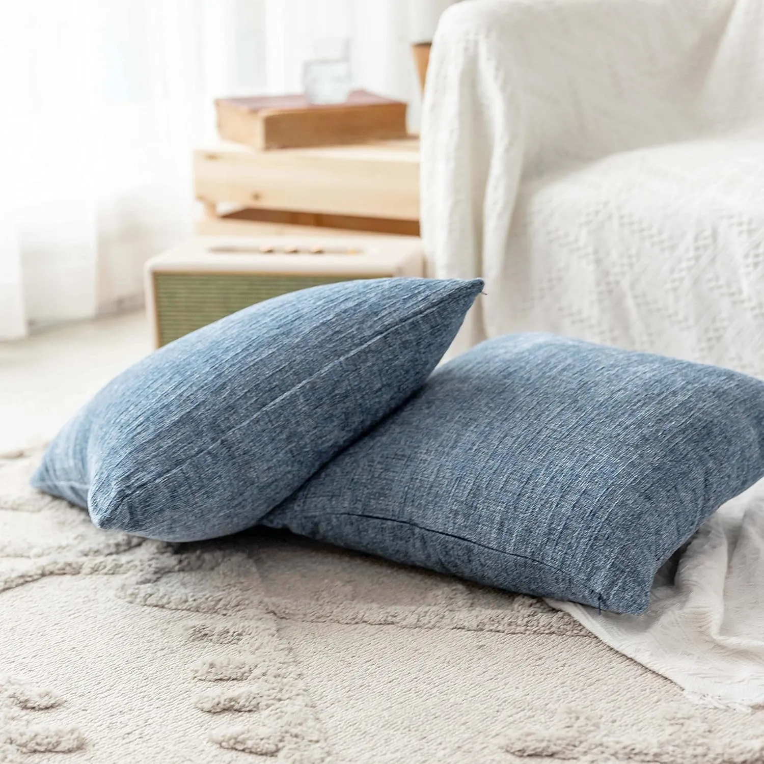 Home Brilliant Blue Throw Pillows Set of 2 Square Textured Plush Decorative Throw Pillow Covers for Bed Couch Car, Jeans Blue, 20 x 20 inch(50x50cm)
