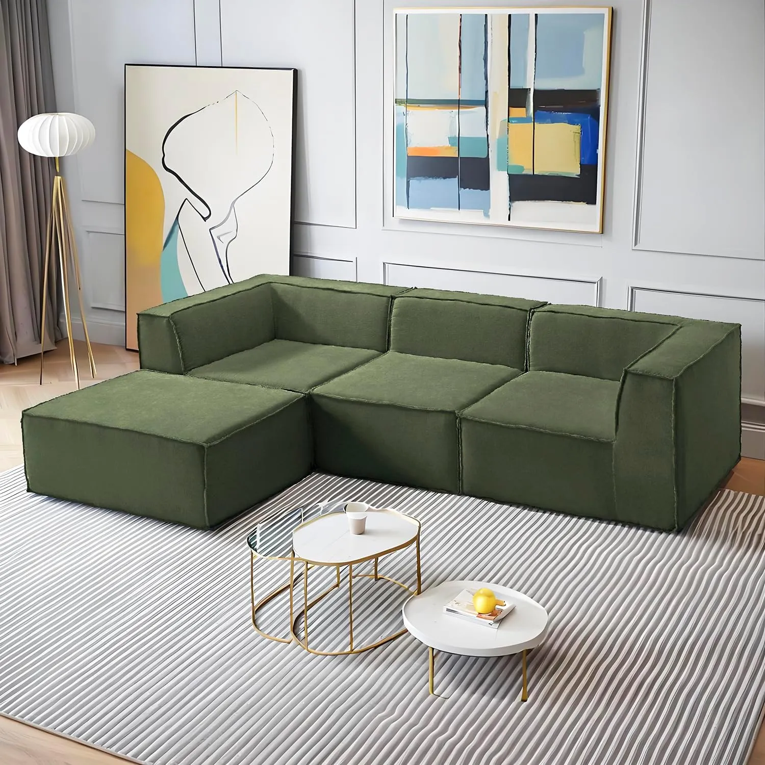 Homebox 106" 4-Piece Modular Sectional Sofa Convertible Cube Couch 2 3 4 Seat Set, L-Shape, Thick Foam No Assembly for Living Room (2xCorner 1xArmless 1xOttoman) Fabric Chenille Green