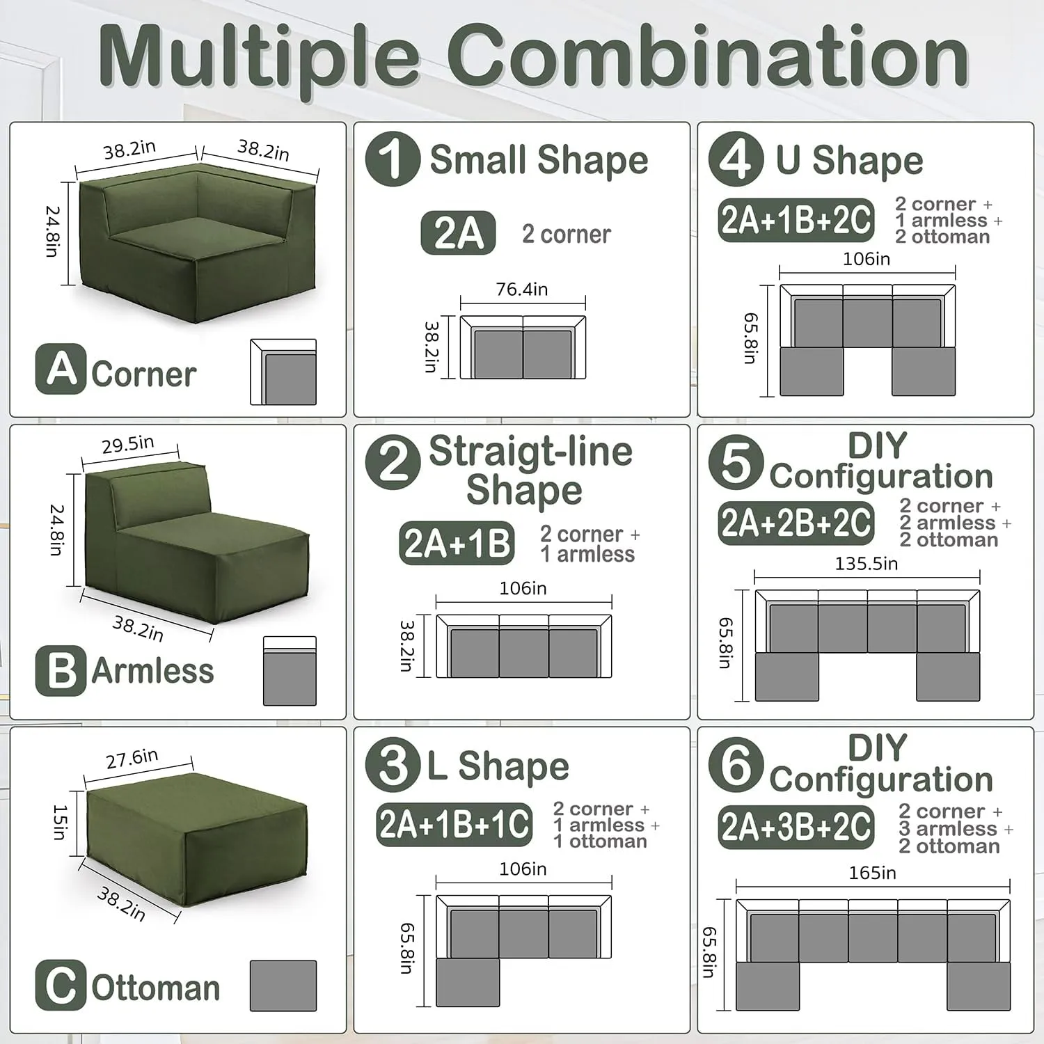 Homebox 106" 4-Piece Modular Sectional Sofa Convertible Cube Couch 2 3 4 Seat Set, L-Shape, Thick Foam No Assembly for Living Room (2xCorner 1xArmless 1xOttoman) Fabric Chenille Green