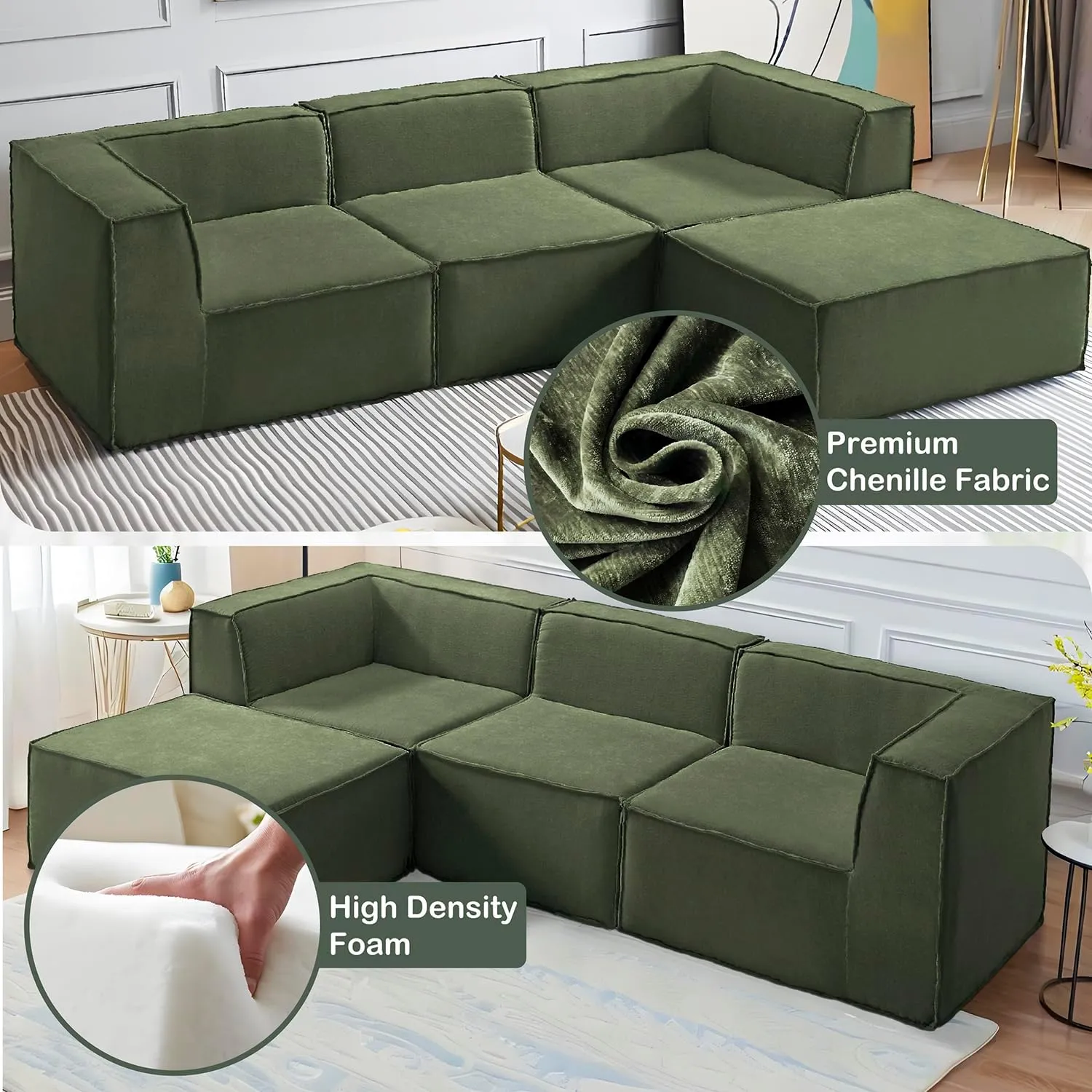 Homebox 106" 4-Piece Modular Sectional Sofa Convertible Cube Couch 2 3 4 Seat Set, L-Shape, Thick Foam No Assembly for Living Room (2xCorner 1xArmless 1xOttoman) Fabric Chenille Green