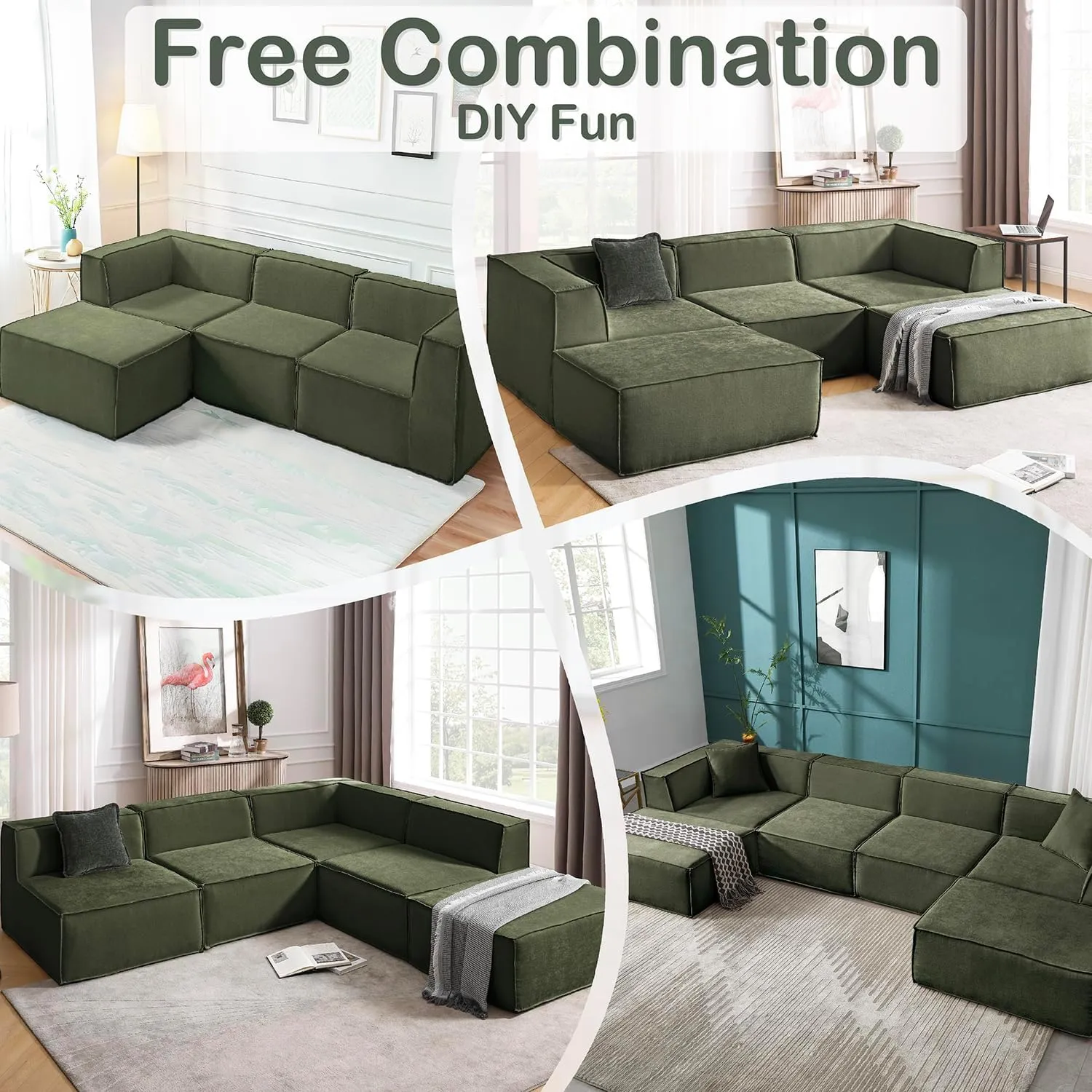 Homebox 106" 4-Piece Modular Sectional Sofa Convertible Cube Couch 2 3 4 Seat Set, L-Shape, Thick Foam No Assembly for Living Room (2xCorner 1xArmless 1xOttoman) Fabric Chenille Green