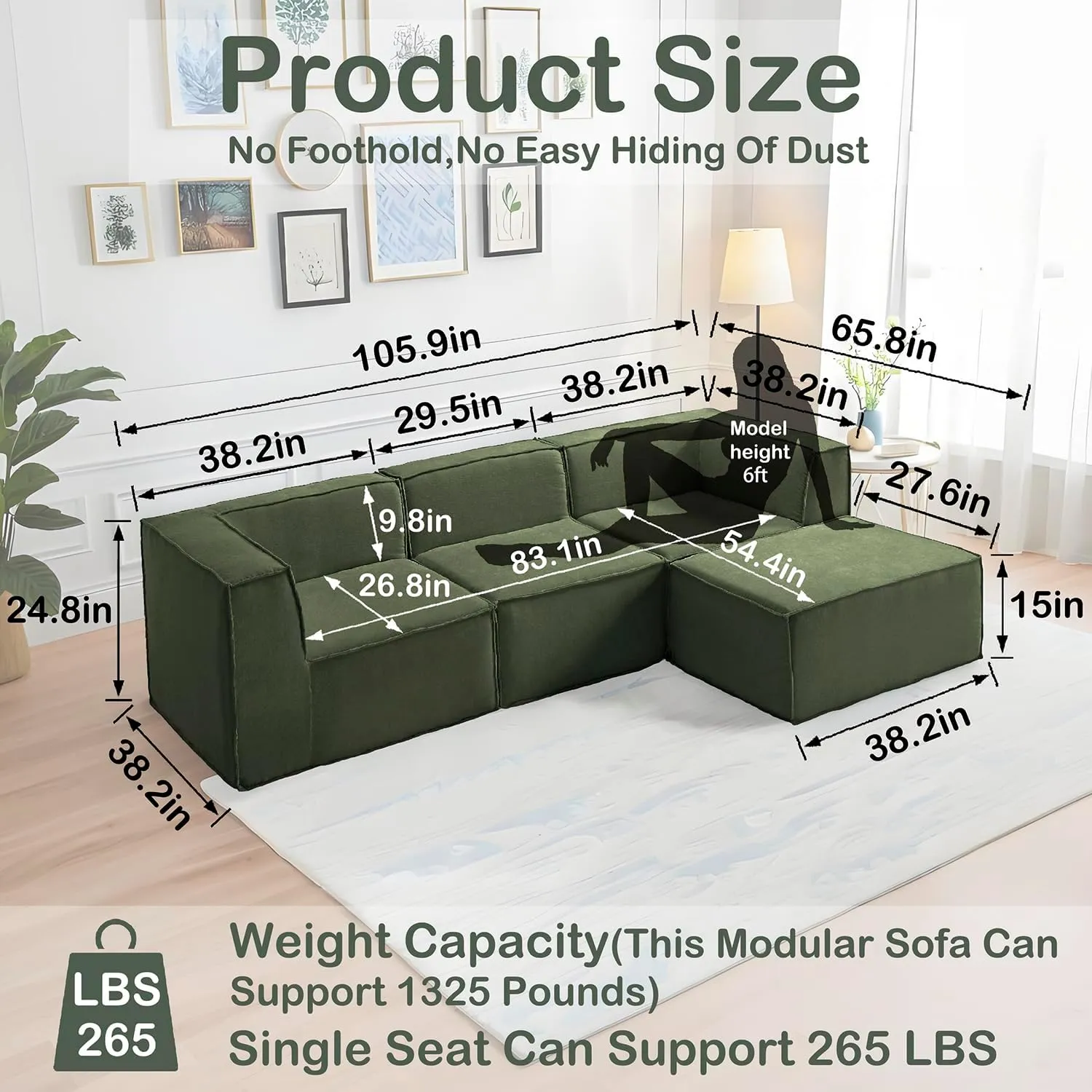 Homebox 106" 4-Piece Modular Sectional Sofa Convertible Cube Couch 2 3 4 Seat Set, L-Shape, Thick Foam No Assembly for Living Room (2xCorner 1xArmless 1xOttoman) Fabric Chenille Green