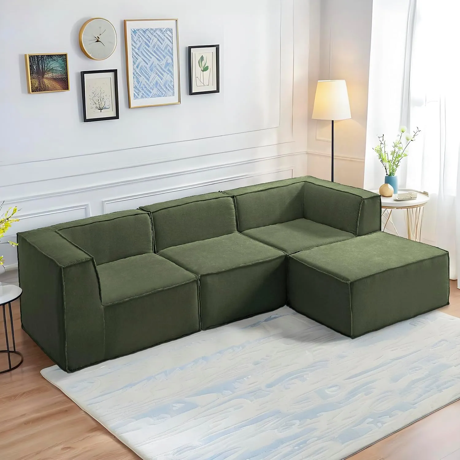 Homebox 106" 4-Piece Modular Sectional Sofa Convertible Cube Couch 2 3 4 Seat Set, L-Shape, Thick Foam No Assembly for Living Room (2xCorner 1xArmless 1xOttoman) Fabric Chenille Green