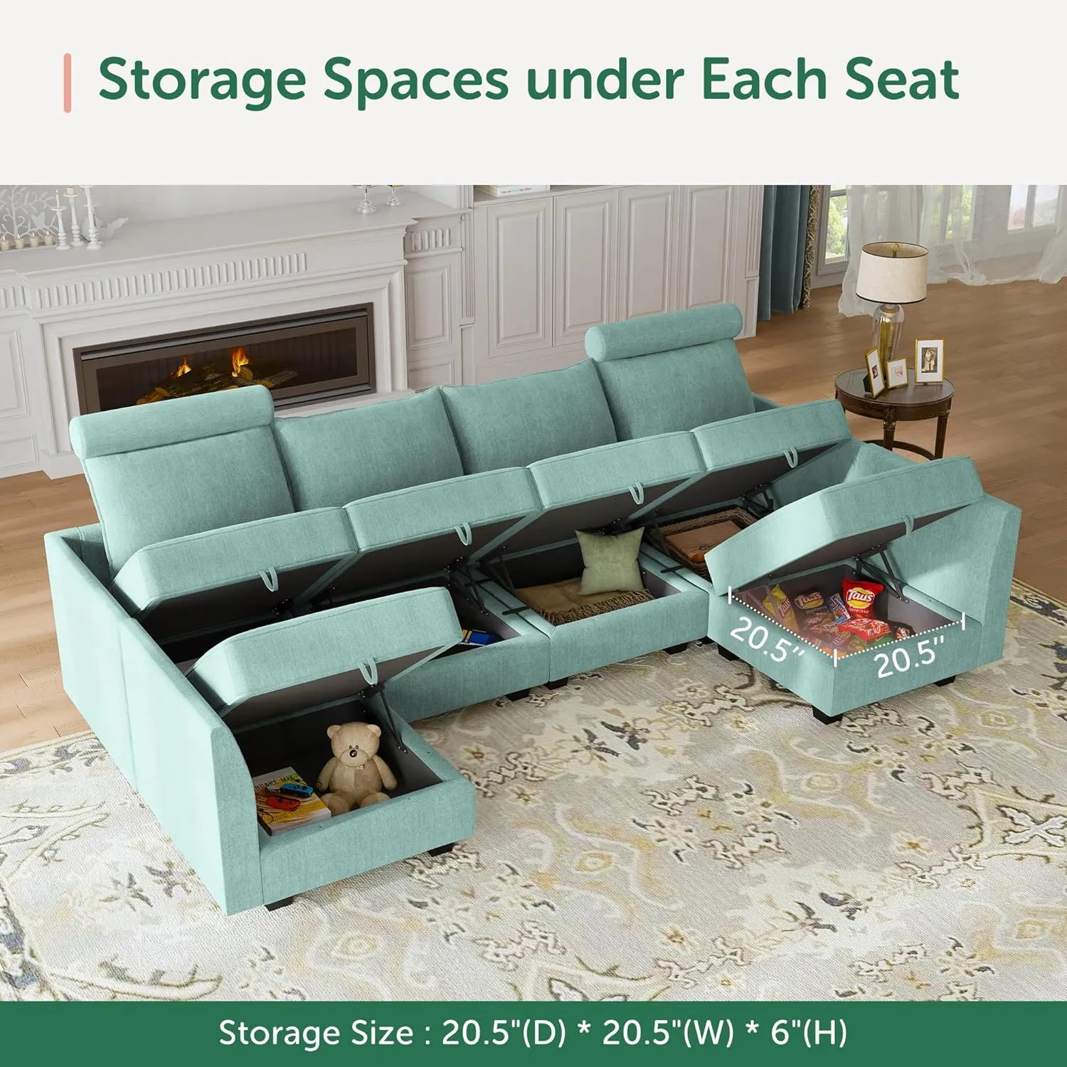HONBAY Convertible Sleeper Sectional Sofa Bed Modular Sofa with Storage Seat Reversible Sectional Sleeper Sofa Set with Modular Sectional Couch Bed, Aqua Blue