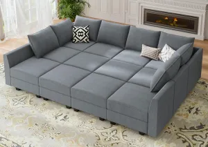 HONBAY Convertible Sleeper Sectional Sofa Bed Modular Sofa with Storage Seat Reversible Sectional Sleeper Sofa Set with Modular Sectional Couch Bed, Bluish Grey