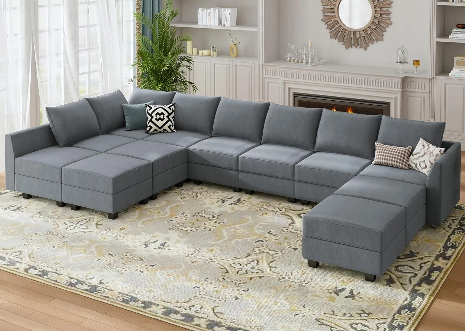 HONBAY Convertible Sleeper Sectional Sofa Bed Modular Sofa with Storage Seat Reversible Sectional Sleeper Sofa Set with Modular Sectional Couch Bed, Bluish Grey