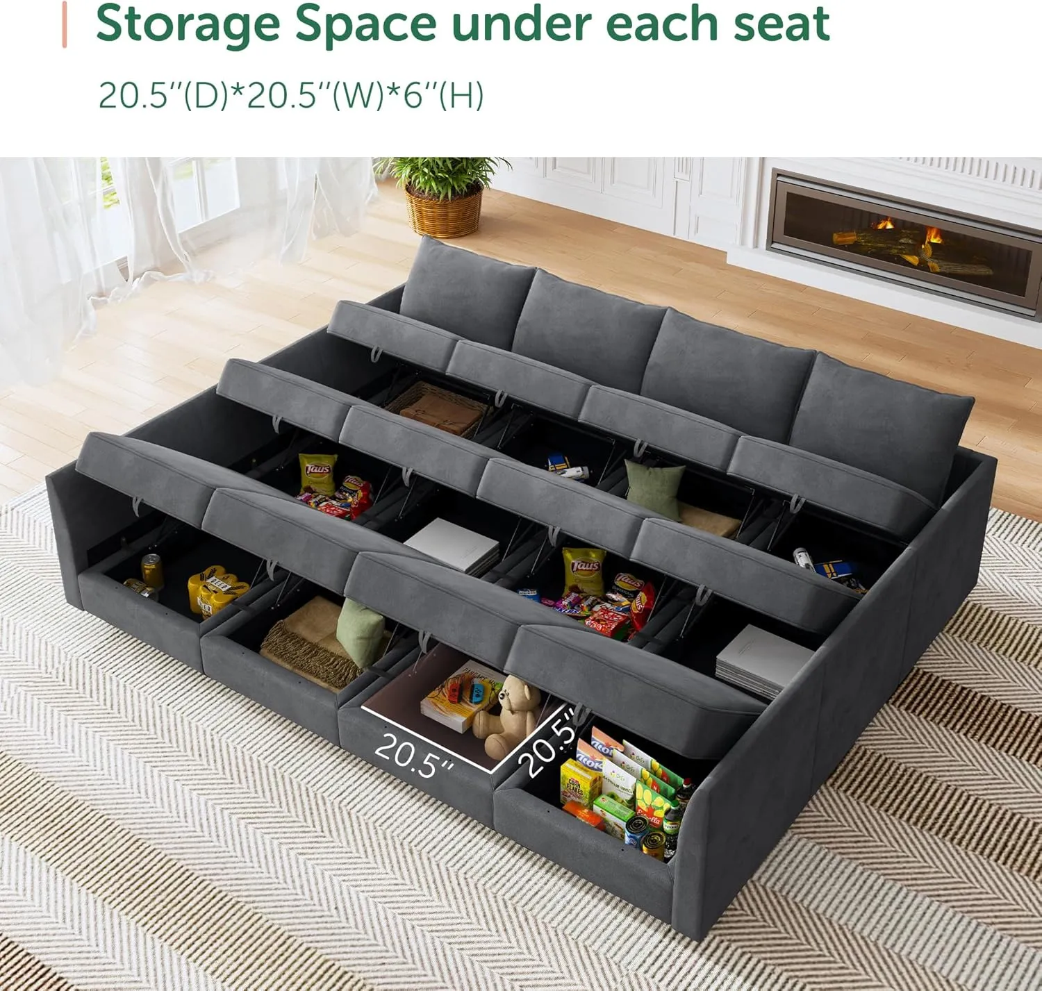 HONBAY Convertible Sleeper Sectional Sofa Bed Modular Sofa with Storage Seat Reversible Sectional Sleeper Sofa Set with Modular Sectional Couch Bed, Velvet Bluish Grey