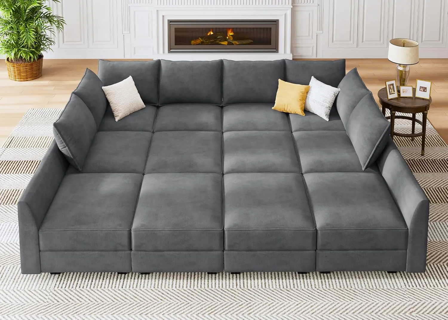 HONBAY Convertible Sleeper Sectional Sofa Bed Modular Sofa with Storage Seat Reversible Sectional Sleeper Sofa Set with Modular Sectional Couch Bed, Velvet Bluish Grey