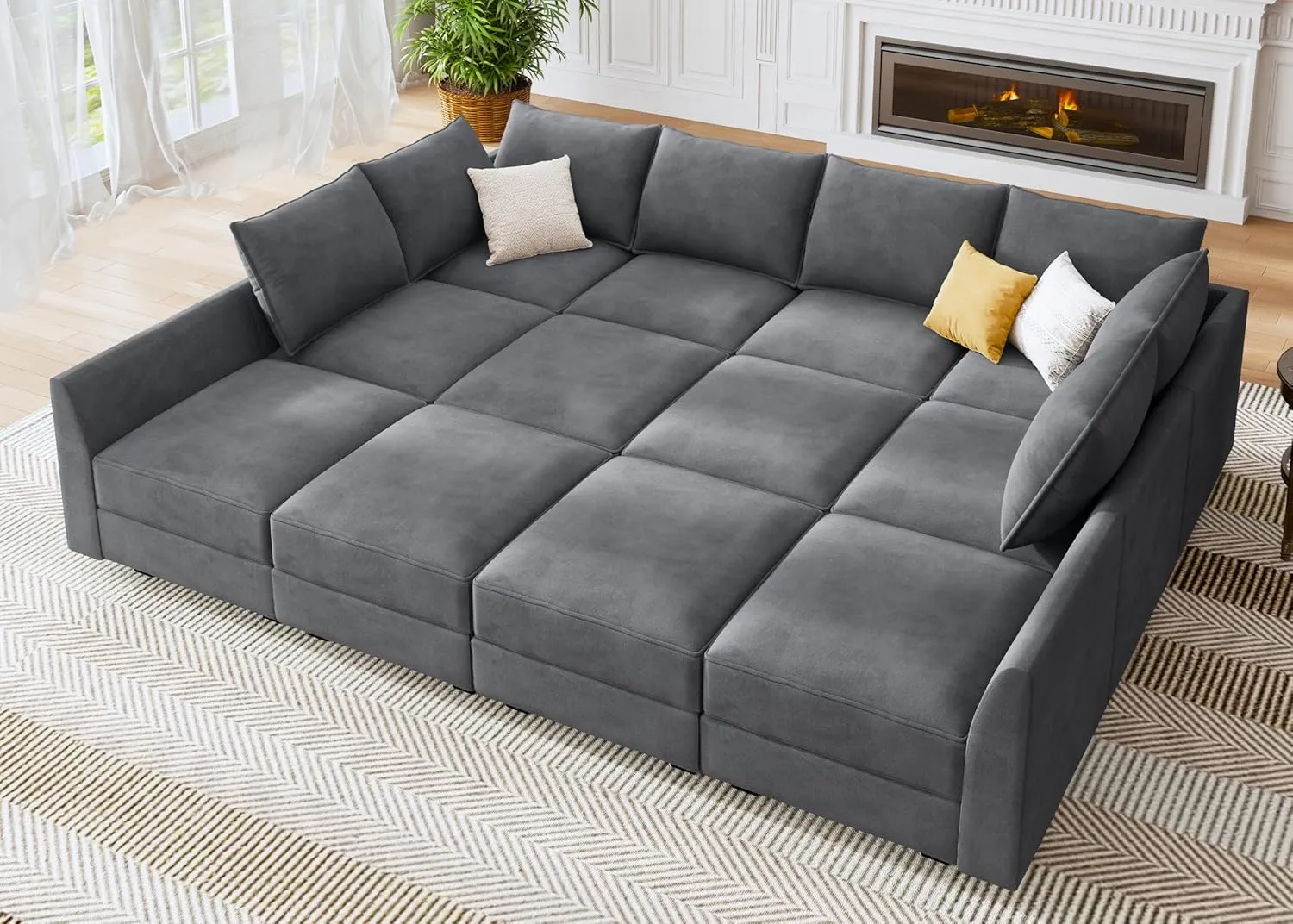 HONBAY Convertible Sleeper Sectional Sofa Bed Modular Sofa with Storage Seat Reversible Sectional Sleeper Sofa Set with Modular Sectional Couch Bed, Velvet Bluish Grey